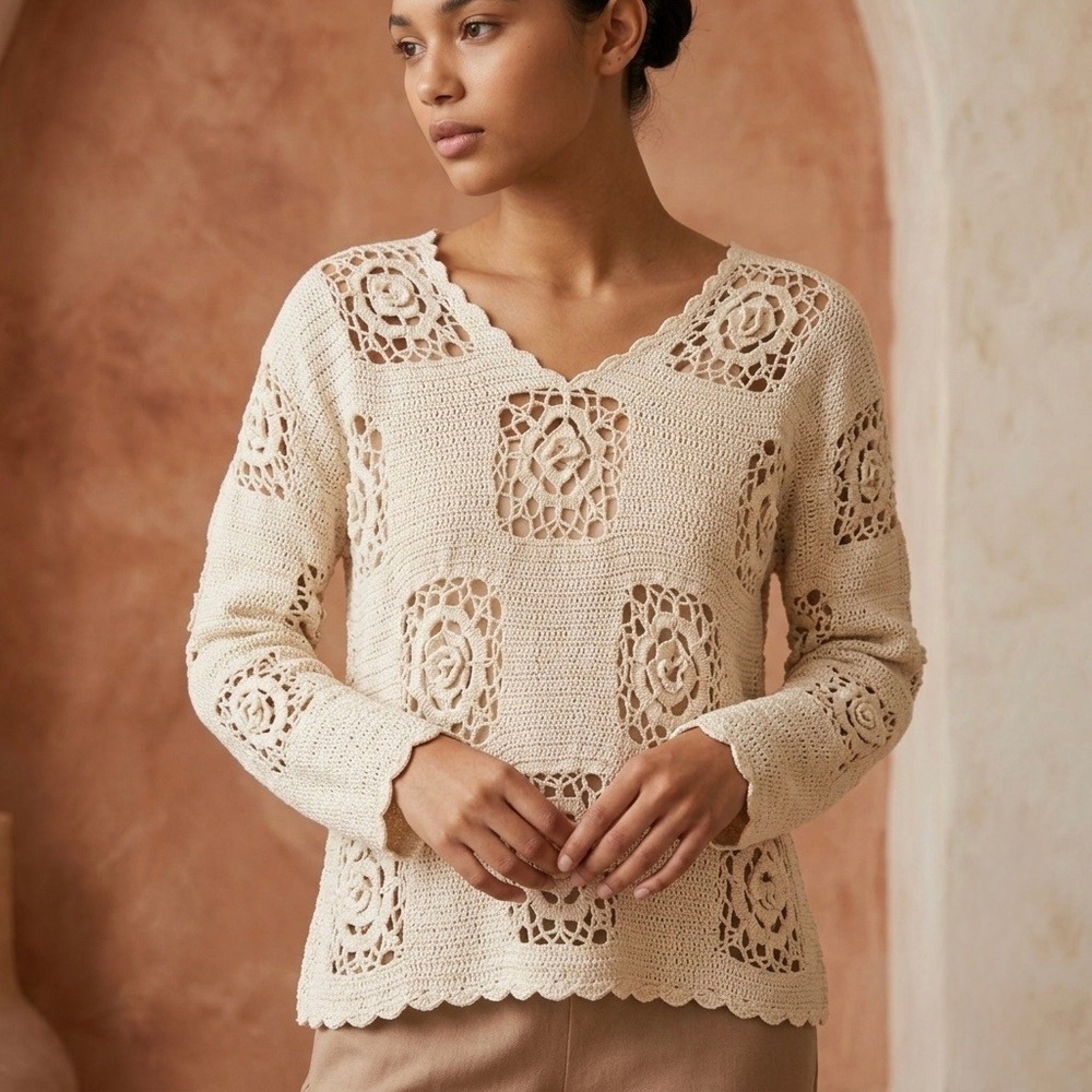 Y2K Glory B by Gloria Furman Size-L Top Cream 100% Silk Crochet Floral‎